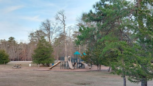 A playground with slides and climbing structures surrounded by trees in a grassy area.