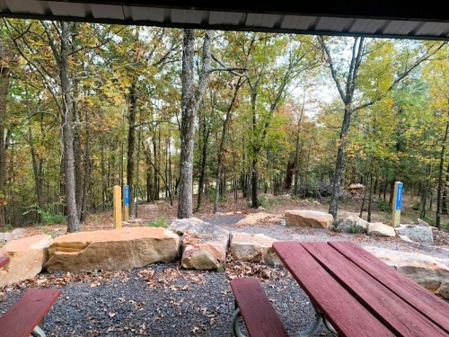 A view of a wooded area with trees and rocks, seen from a covered picnic area with red picnic tables.