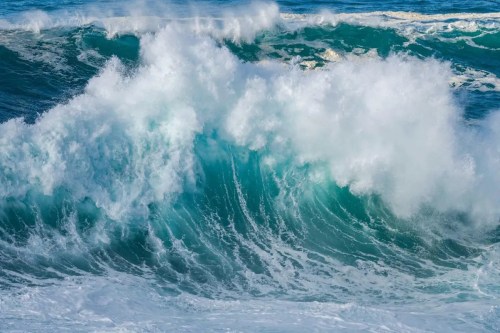 A powerful ocean wave crashing, creating white foam against a deep blue sea.
