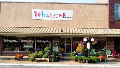 A storefront with the sign "Whatever," featuring decorative plants and colorful displays outside.