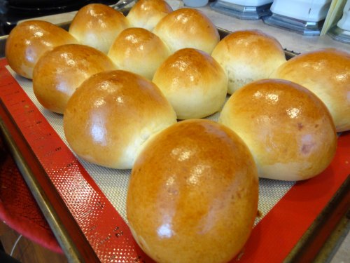 Freshly baked golden brown dinner rolls arranged on a baking tray with a silicone mat.