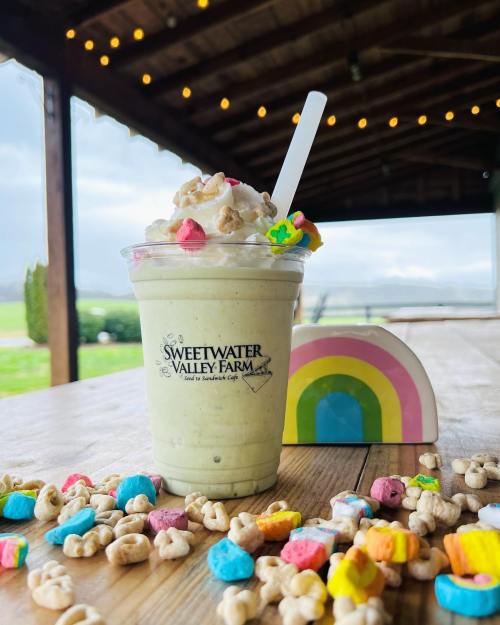 A colorful milkshake topped with whipped cream and sprinkles, surrounded by candy and a rainbow decoration on a wooden table.