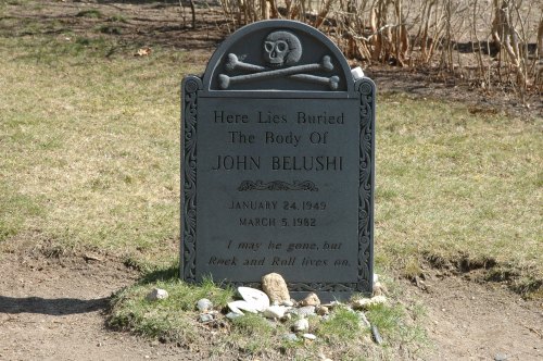 Gravestone of John Belushi, featuring a skull and crossbones, with dates and an inscription about rock and roll.