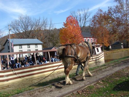 A horse pulls a boat along a canal, with colorful autumn trees and spectators on the shore.