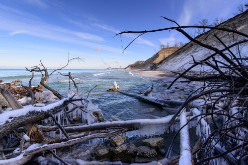 A winter landscape featuring icy branches along a calm lake, with a snowy shoreline and distant cliffs under a blue sky.