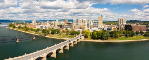 A panoramic view of a city skyline along a river, featuring bridges, buildings, and lush greenery under a cloudy sky.