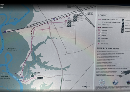 Map of a trail in Hancock County, Mississippi, showing routes, landmarks, and rules for trail use.