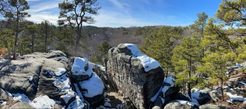 A panoramic view of snow-covered rocks and pine trees under a clear blue sky.