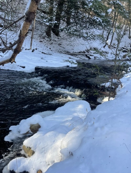 A snowy riverbank with flowing water, surrounded by trees and a blanket of snow.