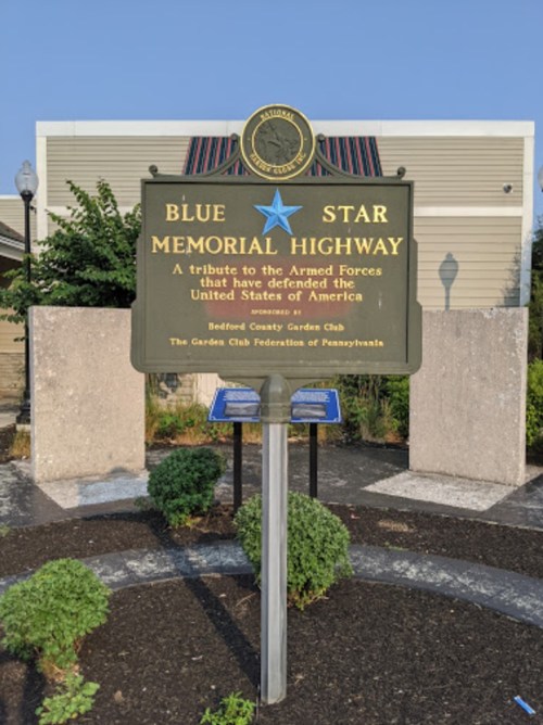 Sign for Blue Star Memorial Highway, honoring the Armed Forces that defended the United States, located in Bedford County, PA.