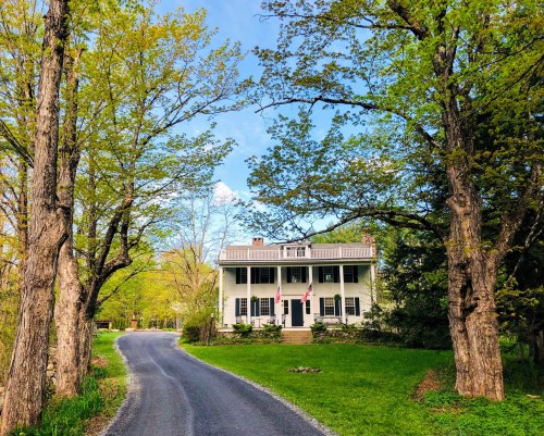 A charming white house with a porch, framed by green trees and a gravel driveway under a clear blue sky.