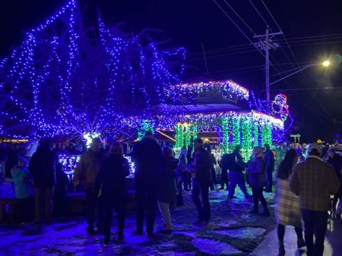 A festive scene with crowds enjoying colorful holiday lights on a building and trees at night.