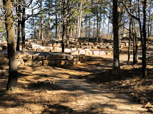 A forested area with large rocks and a winding path, surrounded by trees and sunlight filtering through the branches.