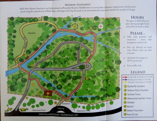 Map of Bull's Run Nature Sanctuary, detailing trails, gardens, and facilities in Middletown, OH.