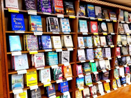 A wooden bookshelf filled with various colorful books, showcasing different genres and authors.