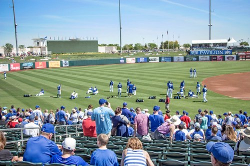 A baseball field with players warming up and a crowd in blue attire watching from the stands on a sunny day.