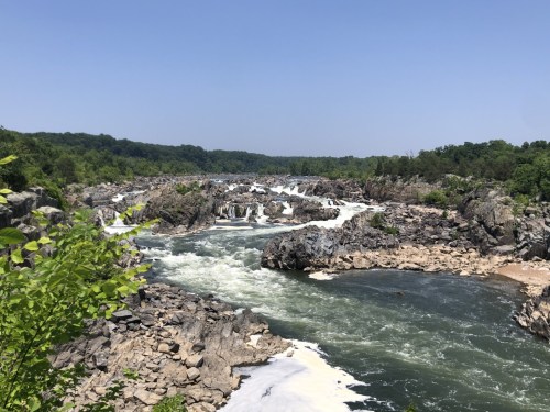 A scenic view of a river with rocky outcrops and cascading waterfalls, surrounded by lush greenery under a clear blue sky.