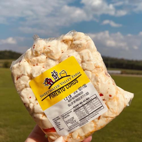 A hand holding a bag of pimento cheese popcorn against a scenic outdoor background.