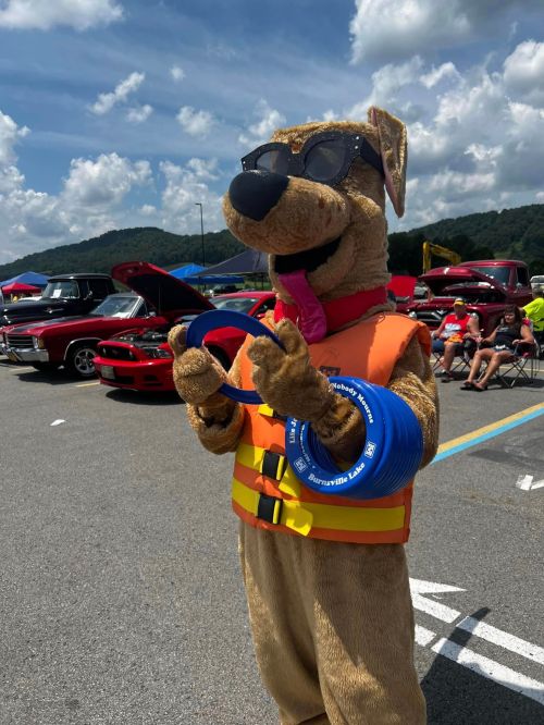 A dog mascot in sunglasses and a life jacket holds blue rings at a car show under a sunny sky.