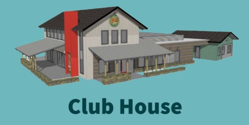 3D rendering of a club house with multiple sections, featuring a red accent wall and outdoor seating areas.