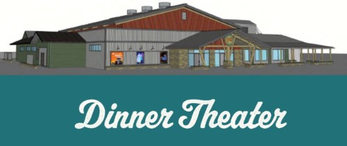 Illustration of a dinner theater building with a modern design and large windows, featuring the text "Dinner Theater."