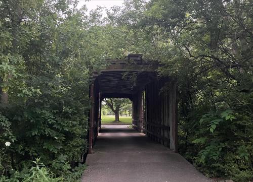 A covered bridge surrounded by lush greenery, leading to an open grassy area in the distance.
