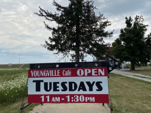 Sign for Youngville Café indicating it is open on Tuesdays from 11 AM to 1:30 PM, with an arrow pointing right.
