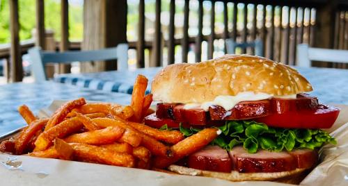 A close-up of a sesame seed bun sandwich with lettuce, tomato, and sliced meat, served with sweet potato fries.