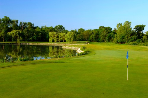 A serene golf course with a green lawn, a blue flag on the putting green, and a calm pond surrounded by trees.