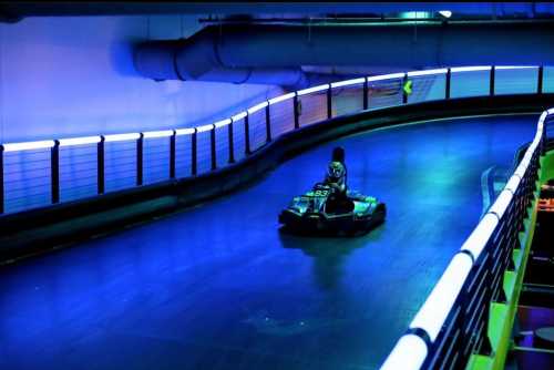 A go-kart racing on a neon-lit track, with vibrant blue and purple lights illuminating the scene.