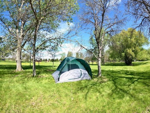 A green tent set up on a grassy area surrounded by trees under a clear blue sky.