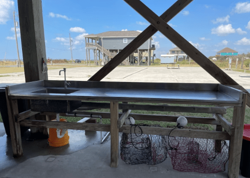 A stainless steel cleaning station with a sink, under a wooden structure, set against a blue sky and distant houses.