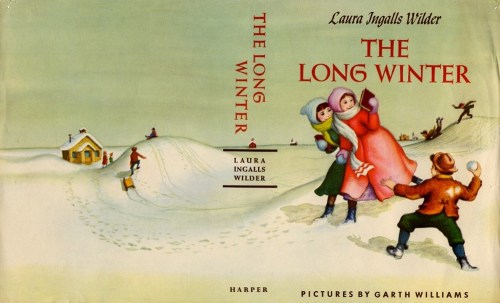 Cover of "The Long Winter" by Laura Ingalls Wilder, featuring children playing in the snow with a winter landscape.