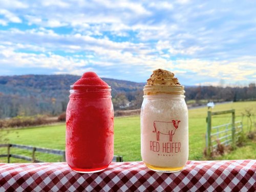 Two jars of colorful drinks sit on a checkered tablecloth, with a scenic landscape and cloudy sky in the background.