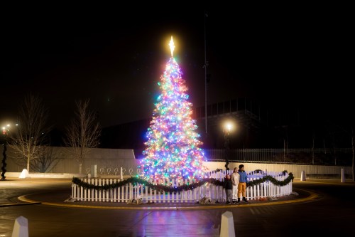 A brightly lit Christmas tree with colorful lights stands in a dark setting, surrounded by a white picket fence.