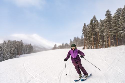 A skier in a purple jacket and green helmet glides down a snowy slope surrounded by pine trees.