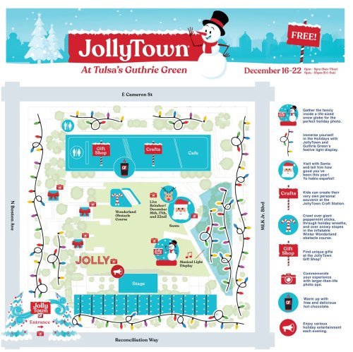 Map of JollyTown at Tulsa's Guthrie Green, featuring activities, food, and event details from December 16-22.