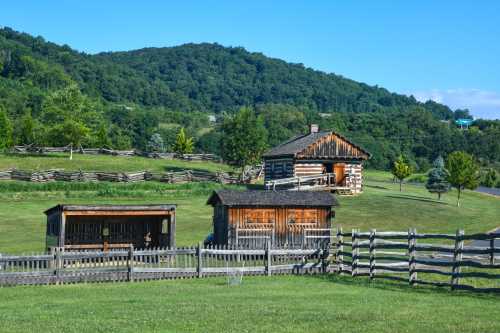 A scenic view of rustic log cabins surrounded by green fields and trees, with a wooden fence in the foreground.