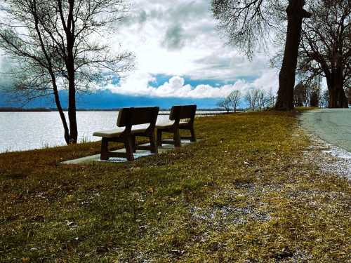 Two benches sit by a lake under a cloudy sky, surrounded by trees and grassy land.