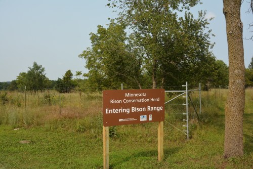 Sign marking the entrance to the Minnesota Bison Conservation Herd, with trees and a fenced area in the background.