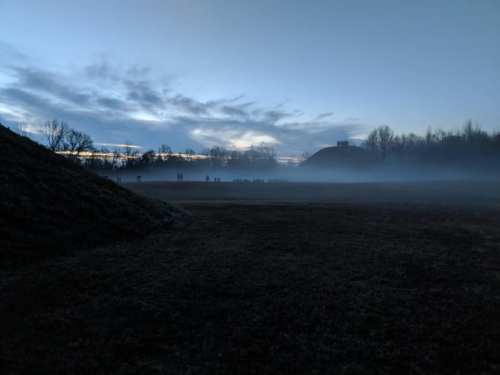 A misty landscape at dawn, with low fog covering the ground and silhouettes of trees against a cloudy sky.