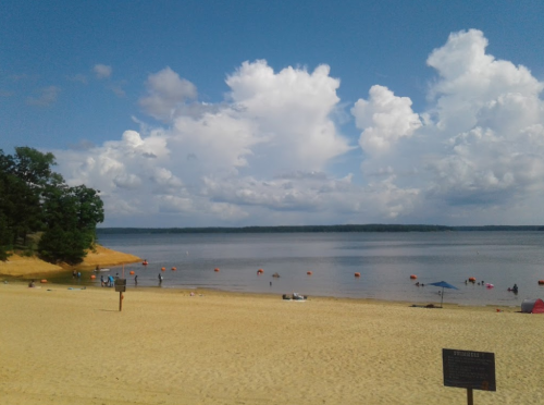 A sandy beach by a calm lake under a blue sky with fluffy clouds, with people enjoying the water and sun.