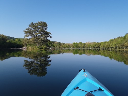 A calm lake scene viewed from a kayak, with clear blue skies and lush green trees reflected in the water.