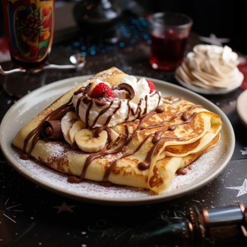 A plate of crepes topped with whipped cream, bananas, raspberries, chocolate drizzle, and powdered sugar.