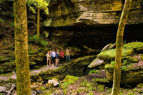 A group of hikers stands near a rocky cave entrance surrounded by lush greenery and tall trees.
