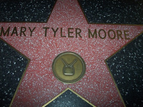 Star on the Hollywood Walk of Fame honoring Mary Tyler Moore, featuring her name and a television icon.