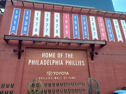 Exterior of the Philadelphia Phillies' home, featuring championship banners and the Toyota Phillies Wall of Fame.