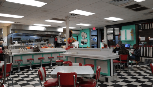 A retro diner interior with red stools, checkered floor, and patrons enjoying their meals at tables.
