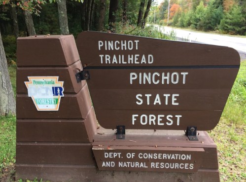 Sign for Pinchot Trailhead in Pinchot State Forest, Pennsylvania, indicating the Department of Conservation and Natural Resources.