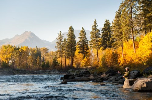 A person fishing by a river surrounded by autumn trees and mountains under a clear sky.